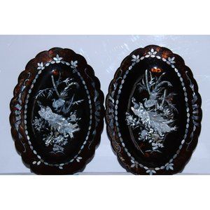 Lacquered Wall Plaques with Inlaid Peacock Design and Border